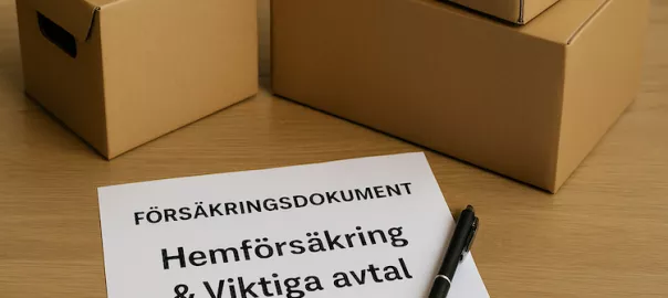 "Flyttlådor står bredvid försäkringsdokument och penna – symboliserar planering av flytt med fokus på hemförsäkring och viktiga avtal"